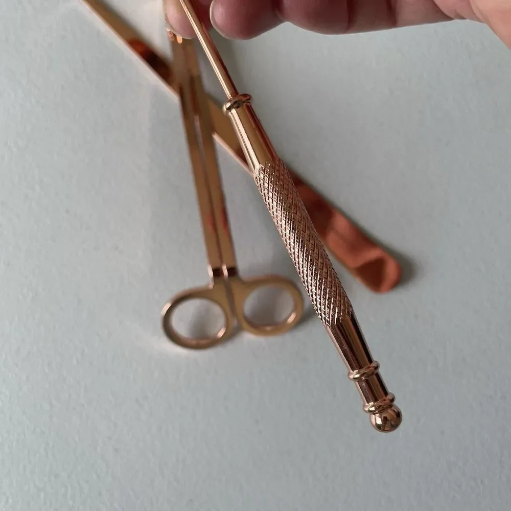 Anthropologie Home Candle Care Kit Rose Gold Snuffer, Wick Trimmer, Set of 3